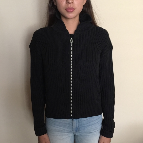 Rhinestone Zippered Black Ribbed Sweater - Picture 3 of 8